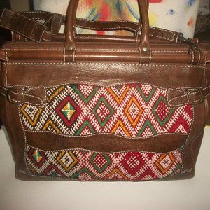 NWT Large Handmade Moroccan Top-zip Kilim and Leather Travel Bag Carryall